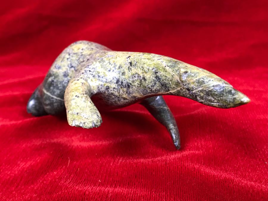 Signed Carved Pacific Northwest Green Stone Polar Bear Sculpture 6.5W [Photo 3]