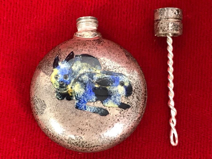 Signed Sterling Silver Perfume Bottle With Enamel Rabbits By Ferragamo 20.5g [Photo 3]