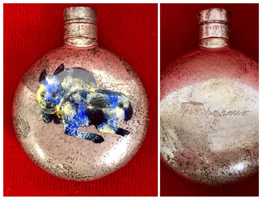 Signed Sterling Silver Perfume Bottle With Enamel Rabbits By Ferragamo 20.5g [Photo 1]