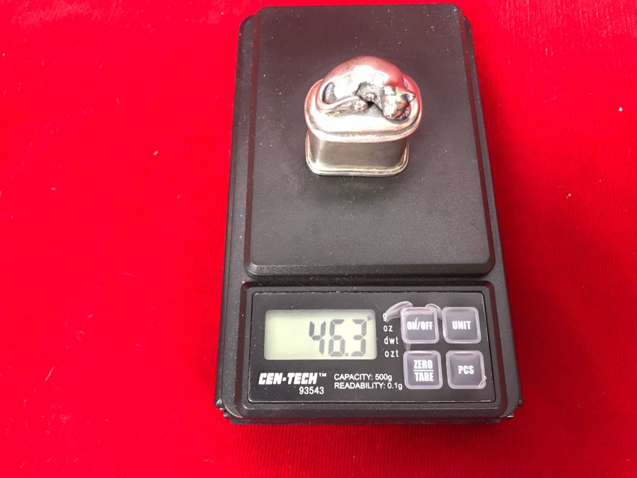 Signed Sterling Silver Pillbox With Cat On Lid 46.3g [Photo 8]