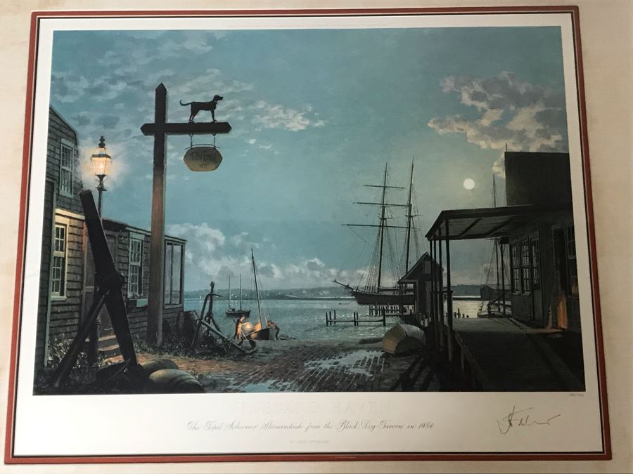 John Stobart Limited Edition Print Titled 'Vineyard Haven' The Topsil Schooner Shenandoah From The Black Dog Tavern In 1984 Signed By Artist 26.5 X 22 [Photo 1]