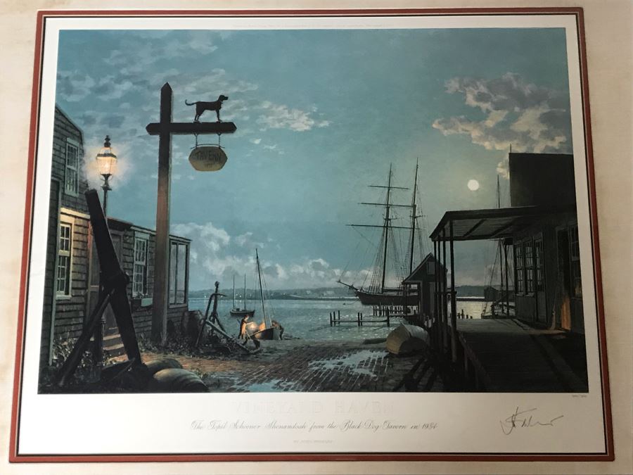 John Stobart Limited Edition Print Titled 'Vineyard Haven' The Topsil Schooner Shenandoah From The Black Dog Tavern In 1984 Signed By Artist 26.5 X 22 [Photo 4]
