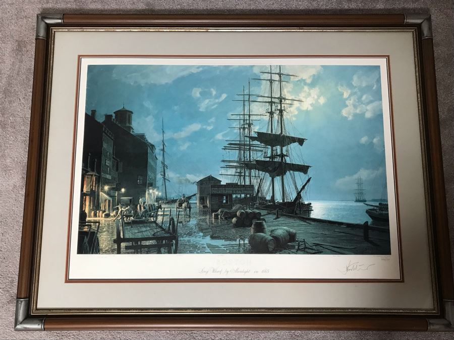 John Stobart Limited Edition Print Titled 'Boston' Long Wharf By Moonlight In 1865 Signed By Artist And Postcard Signed By Artist On Back Of Print 34 X 24