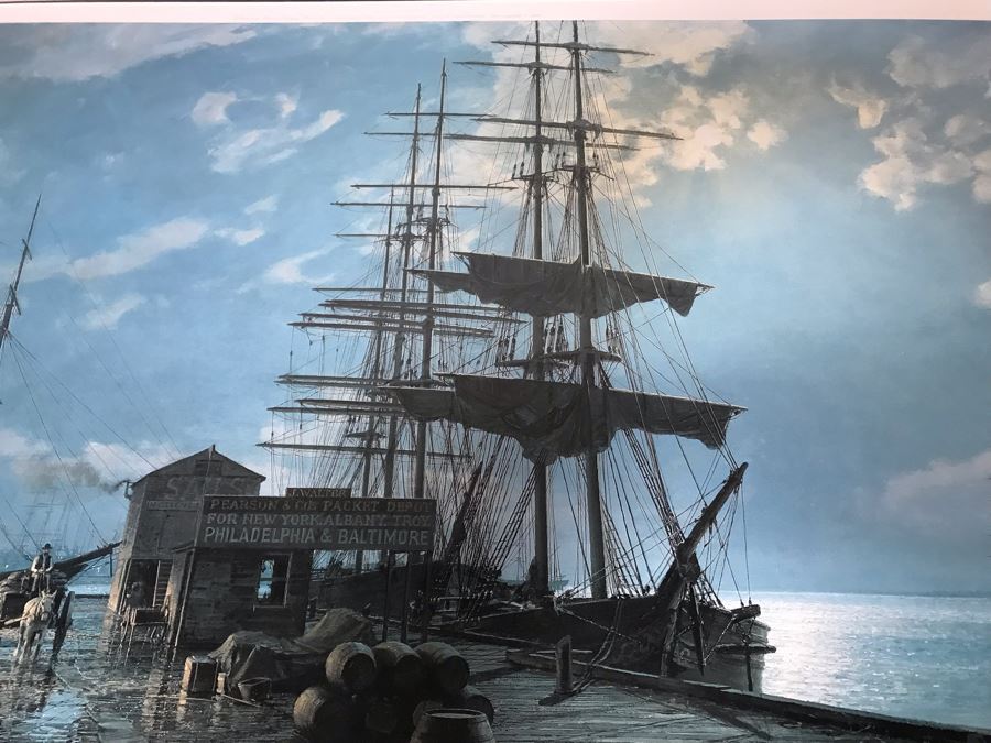 John Stobart Limited Edition Print Titled 'Boston' Long Wharf By Moonlight In 1865 Signed By Artist And Postcard Signed By Artist On Back Of Print 34 X 24 [Photo 11]