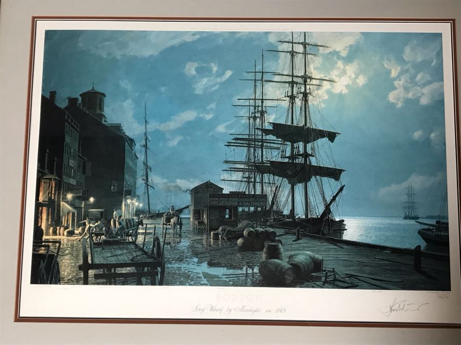 John Stobart Limited Edition Print Titled 'Boston' Long Wharf By Moonlight In 1865 Signed By Artist And Postcard Signed By Artist On Back Of Print 34 X 24 [Photo 2]