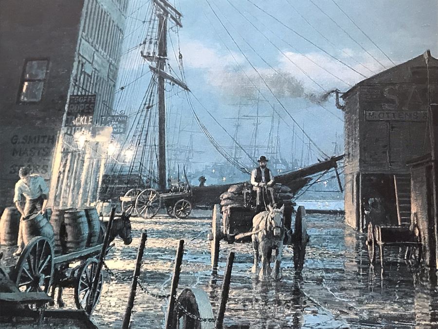 John Stobart Limited Edition Print Titled 'Boston' Long Wharf By Moonlight In 1865 Signed By Artist And Postcard Signed By Artist On Back Of Print 34 X 24 [Photo 14]