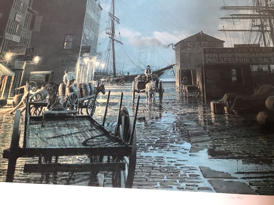 John Stobart Limited Edition Print Titled 'Boston' Long Wharf By Moonlight In 1865 Signed By Artist And Postcard Signed By Artist On Back Of Print 34 X 24 [Photo 9]