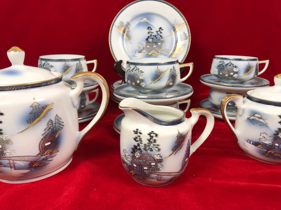 Signed Japanese Hand-Painted Bone China Set Teapot, Creamer, Sugar, 6 Cups And Saucers With Geisha Girl Visible On Bottom Of Cup And (6) Desert Plates [Photo 3]
