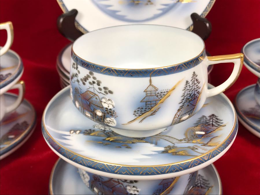 Signed Japanese Hand-Painted Bone China Set Teapot, Creamer, Sugar, 6 Cups And Saucers With Geisha Girl Visible On Bottom Of Cup And (6) Desert Plates [Photo 12]