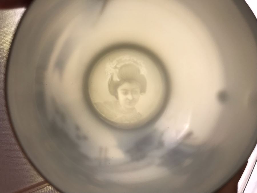 Signed Japanese Hand-Painted Bone China Set Teapot, Creamer, Sugar, 6 Cups And Saucers With Geisha Girl Visible On Bottom Of Cup And (6) Desert Plates [Photo 4]