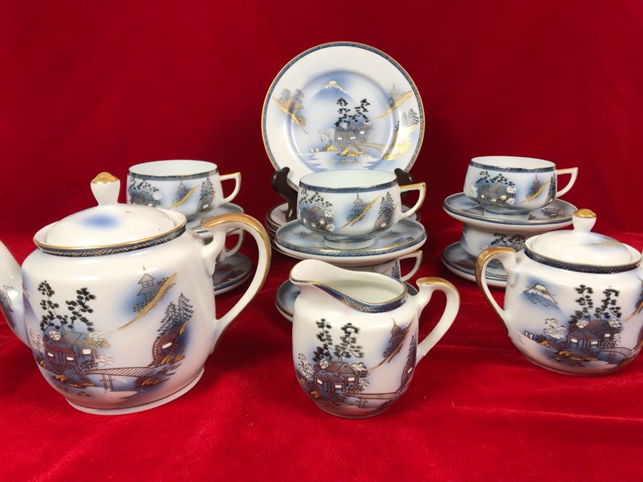 Signed Japanese Hand-Painted Bone China Set Teapot, Creamer, Sugar, 6 Cups And Saucers With Geisha Girl Visible On Bottom Of Cup And (6) Desert Plates [Photo 2]