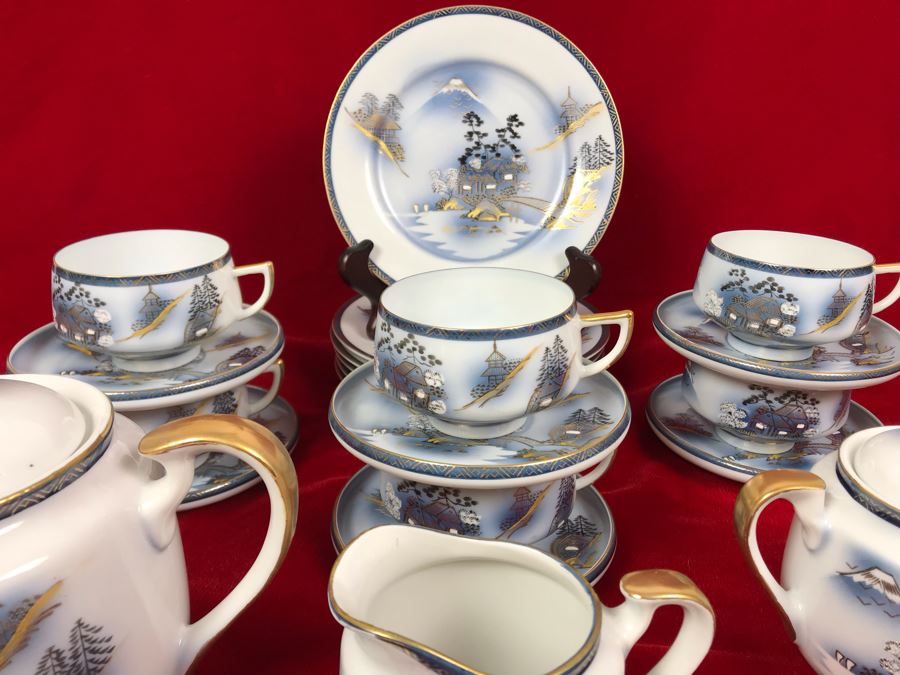 Signed Japanese Hand-Painted Bone China Set Teapot, Creamer, Sugar, 6 Cups And Saucers With Geisha Girl Visible On Bottom Of Cup And (6) Desert Plates [Photo 7]