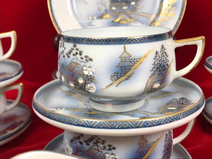 Signed Japanese Hand-Painted Bone China Set Teapot, Creamer, Sugar, 6 Cups And Saucers With Geisha Girl Visible On Bottom Of Cup And (6) Desert Plates [Photo 13]