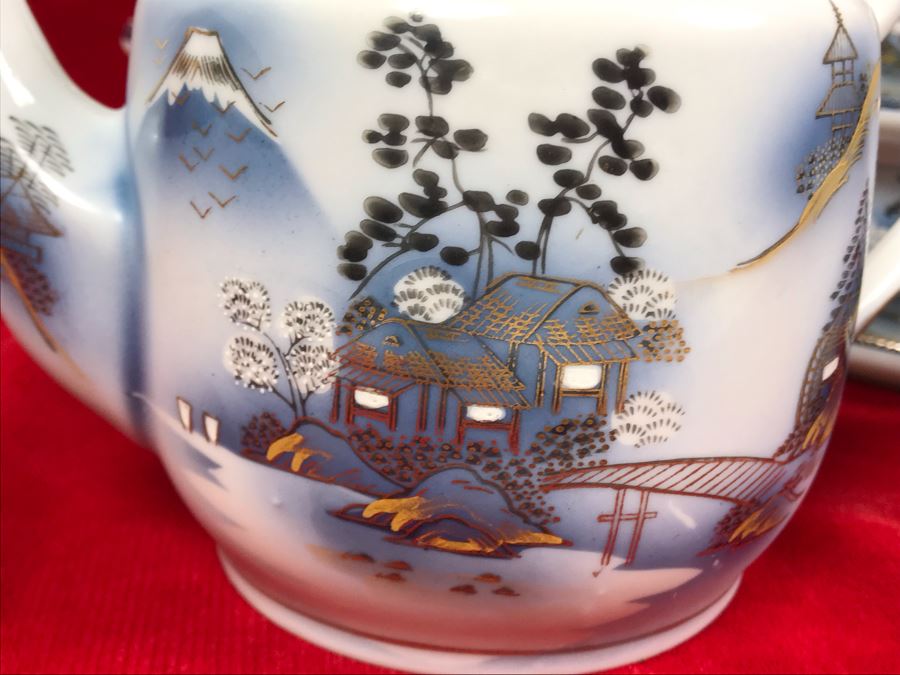 Signed Japanese Hand-Painted Bone China Set Teapot, Creamer, Sugar, 6 Cups And Saucers With Geisha Girl Visible On Bottom Of Cup And (6) Desert Plates [Photo 9]