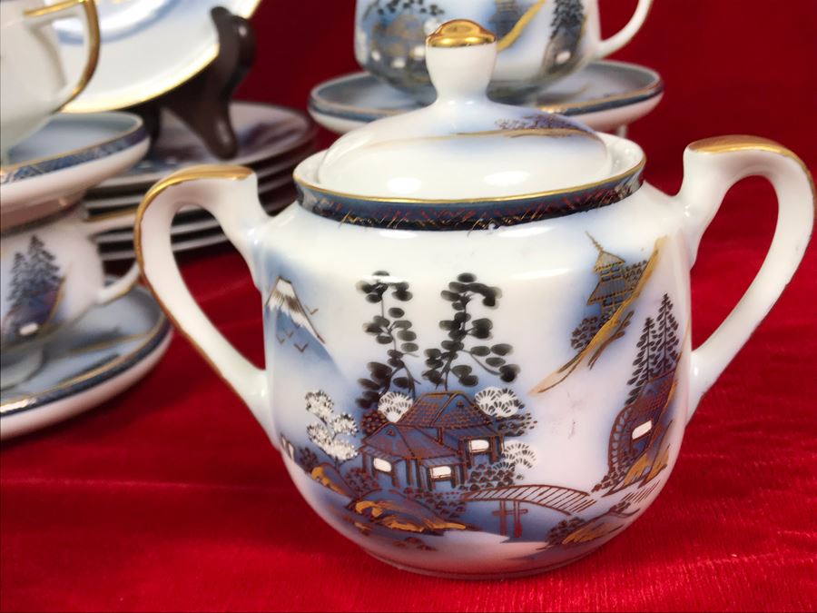 Signed Japanese Hand-Painted Bone China Set Teapot, Creamer, Sugar, 6 Cups And Saucers With Geisha Girl Visible On Bottom Of Cup And (6) Desert Plates [Photo 11]