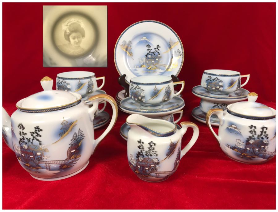 Signed Japanese Hand-Painted Bone China Set Teapot, Creamer, Sugar, 6 Cups And Saucers With Geisha Girl Visible On Bottom Of Cup And (6) Desert Plates [Photo 1]