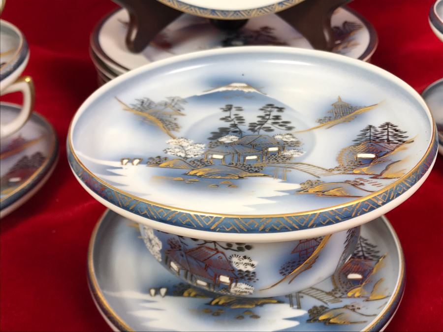 Signed Japanese Hand-Painted Bone China Set Teapot, Creamer, Sugar, 6 Cups And Saucers With Geisha Girl Visible On Bottom Of Cup And (6) Desert Plates [Photo 15]