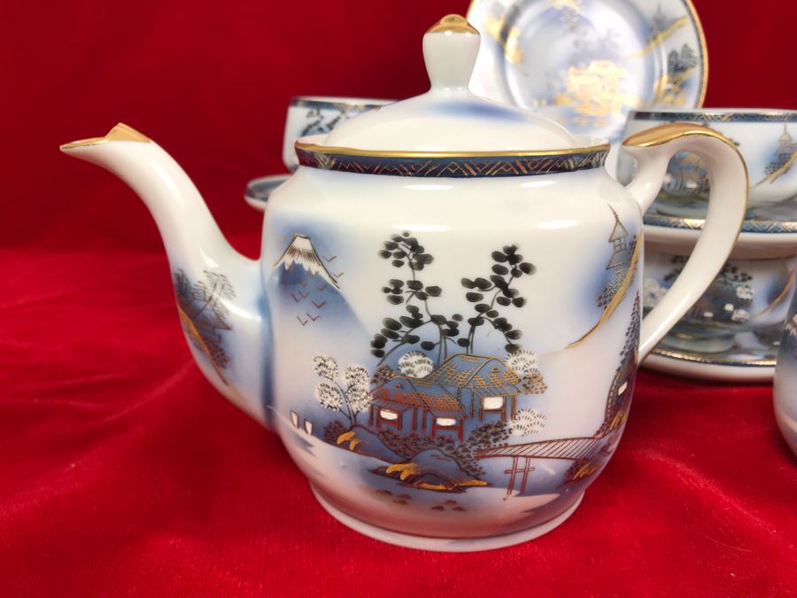 Signed Japanese Hand-Painted Bone China Set Teapot, Creamer, Sugar, 6 Cups And Saucers With Geisha Girl Visible On Bottom Of Cup And (6) Desert Plates [Photo 8]