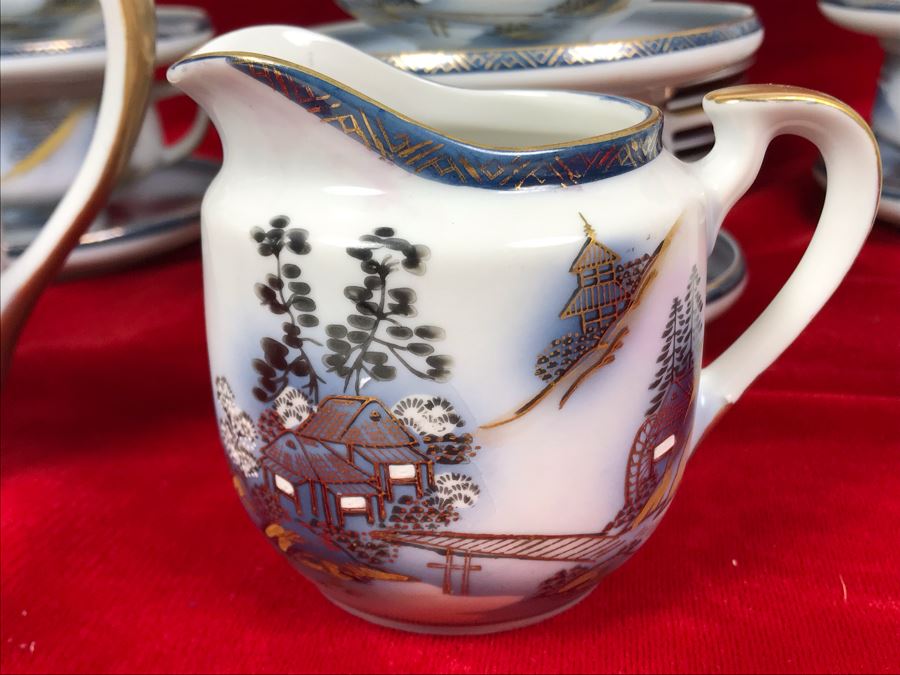 Signed Japanese Hand-Painted Bone China Set Teapot, Creamer, Sugar, 6 Cups And Saucers With Geisha Girl Visible On Bottom Of Cup And (6) Desert Plates [Photo 10]