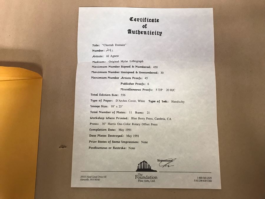 Hand Signed Mylar Lithograph Titled 'Cheetah Domain' By Al Agnew 18 X 23 [Photo 11]