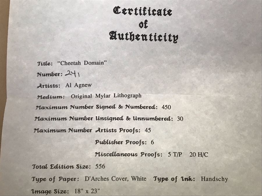 Hand Signed Mylar Lithograph Titled 'Cheetah Domain' By Al Agnew 18 X 23 [Photo 12]