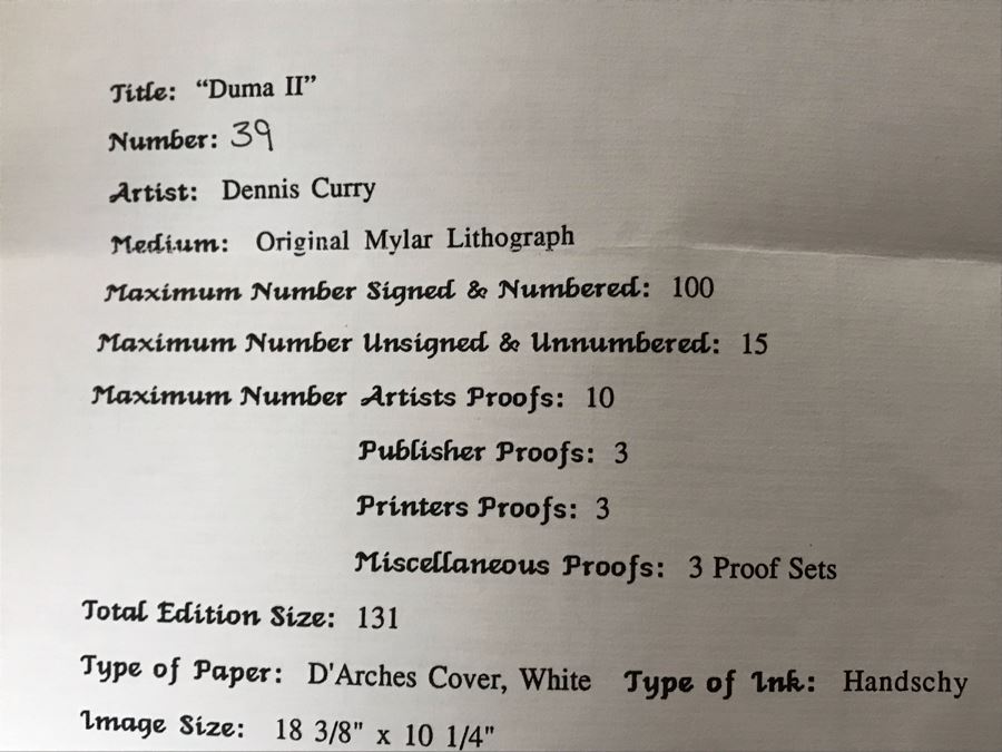 Hand Signed Mylar Lithograph Titled 'Duma II' By Dennis Curry 18 X 10 [Photo 10]