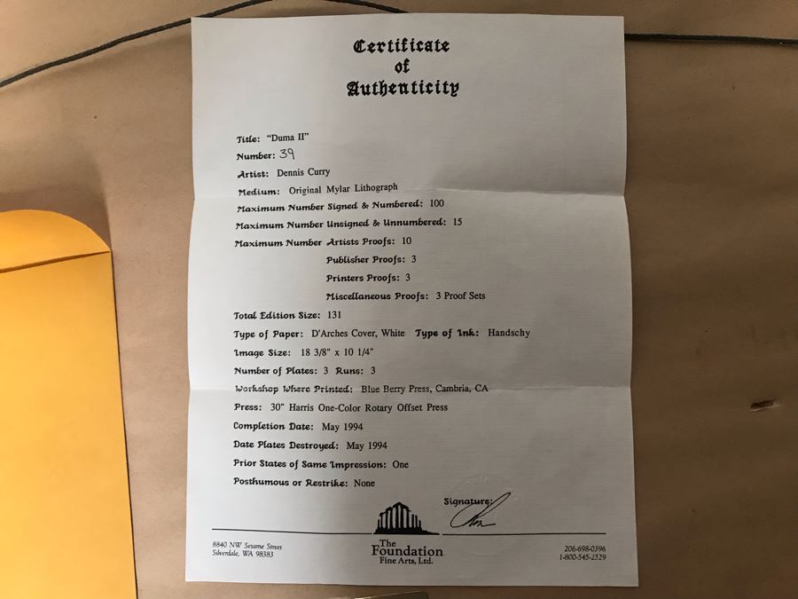 Hand Signed Mylar Lithograph Titled 'Duma II' By Dennis Curry 18 X 10 [Photo 9]