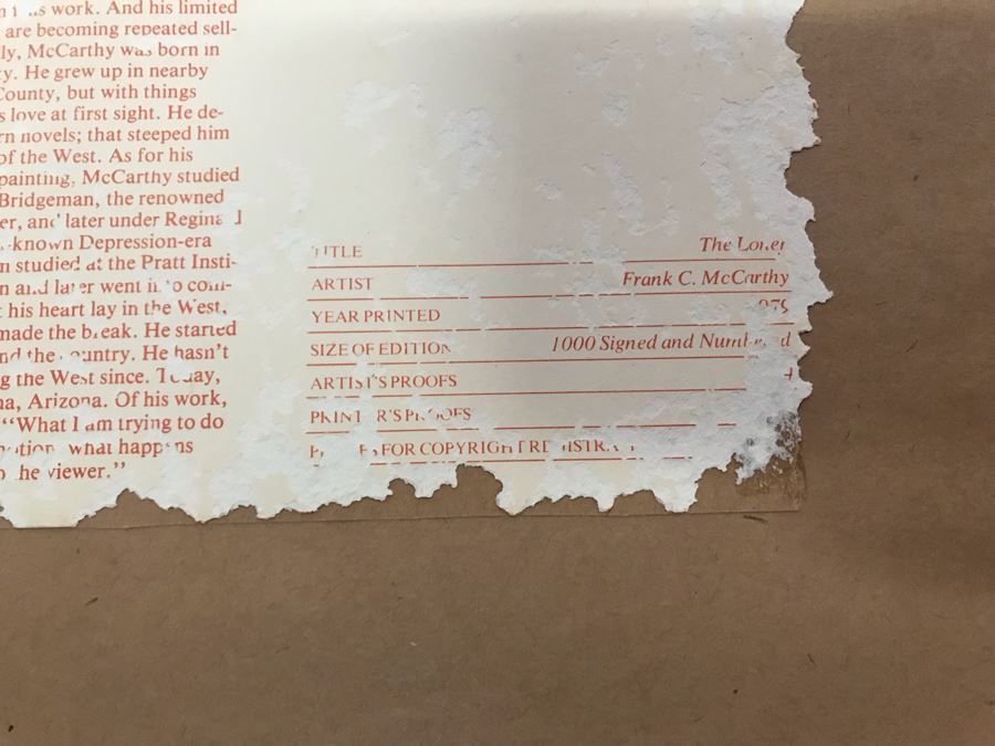 Frank McCarthy (1924-2002) Limited Edition Print Titled 'The Loner' Hand Signed 22.5 X 17.5 No. 478 Of 1000 [Photo 16]