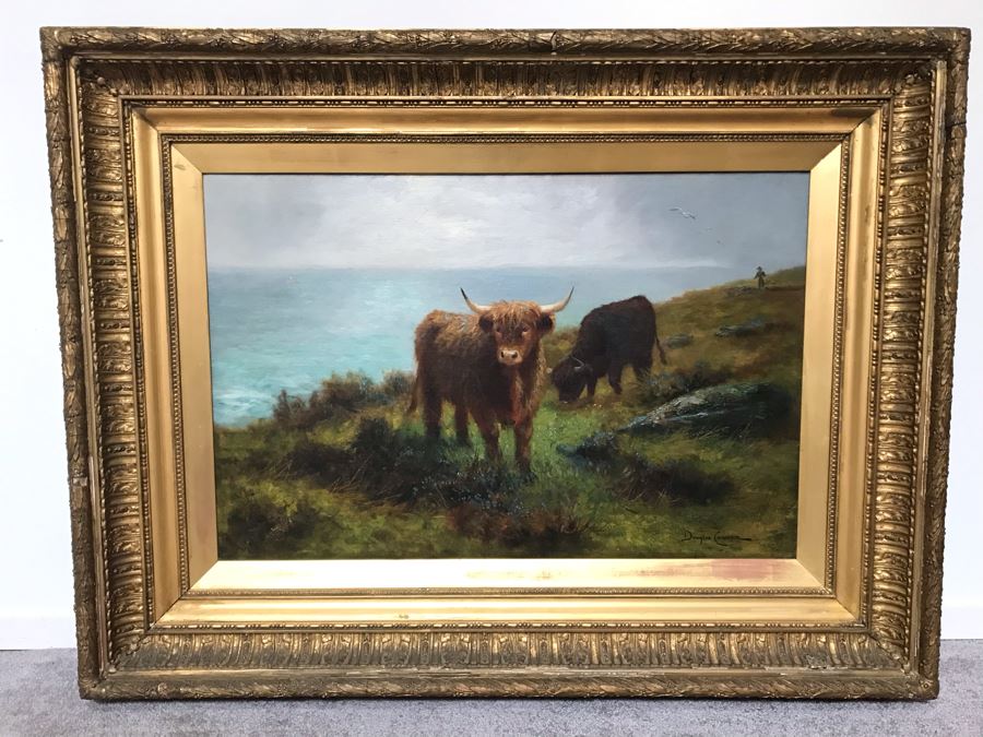 JUST ADDED - Large Original Oil Painting Of Cattle By Douglas Cameron In Stunning Gilded Frame 30 X 20