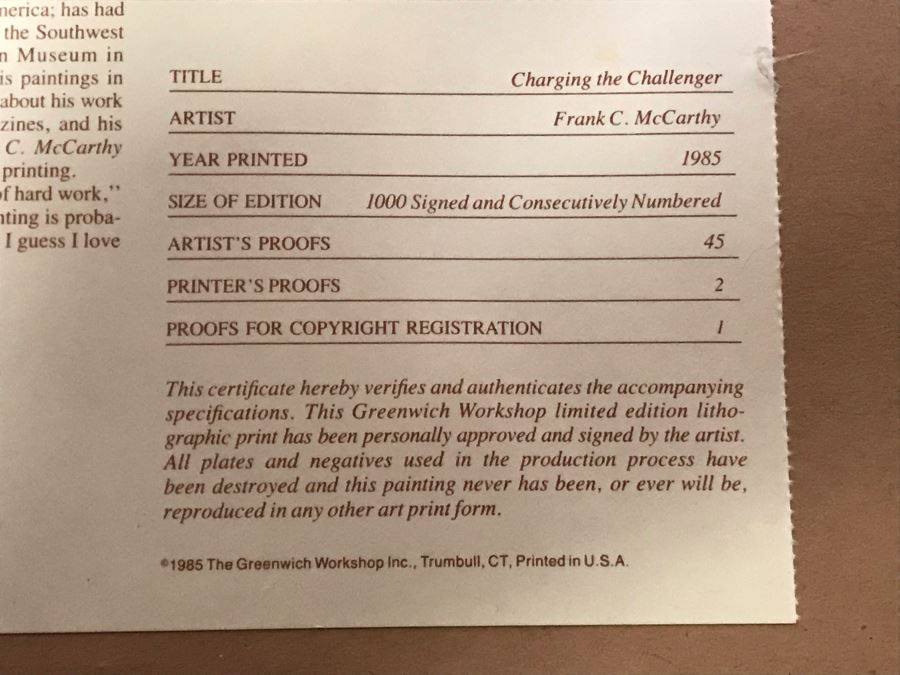 Frank McCarthy (1924-2002) Limited Edition Print Titled 'Charging The Challenger' Hand Signed 9 X 19 No. 242 Of 1000 [Photo 16]
