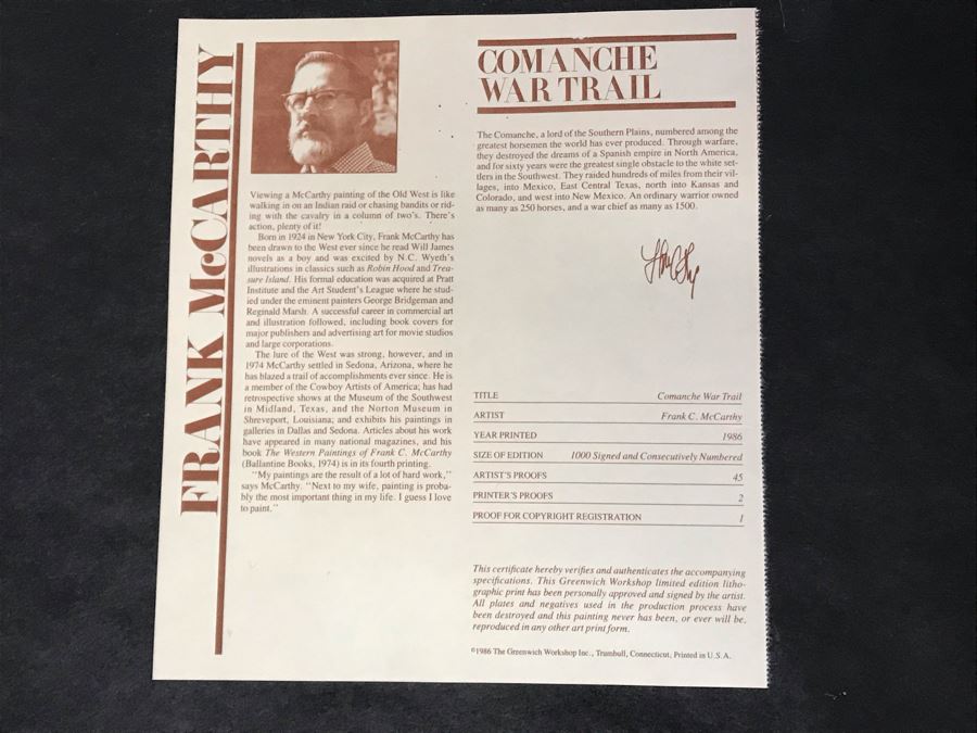 Frank McCarthy (1924-2002) Limited Edition Print Titled 'Comanche War Trail' Hand Signed 14 X 19 No. 616 Of 1000 [Photo 12]