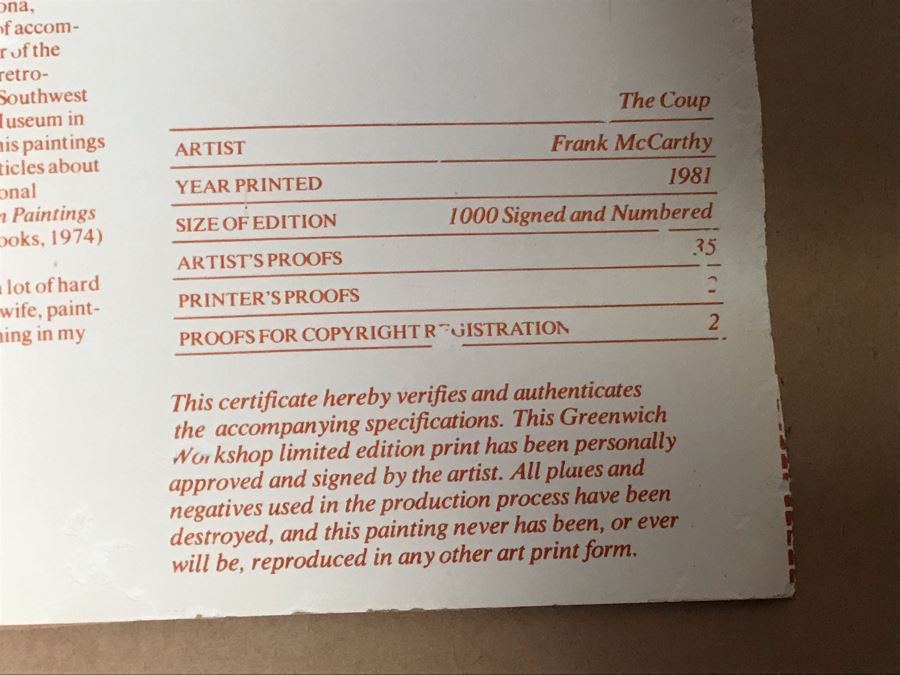 JUST ADDED - Frank McCarthy (1924-2002) Limited Edition Print Titled 'The Coup' Hand Signed 21.5 X 16 No. 720 Of 1000 [Photo 15]