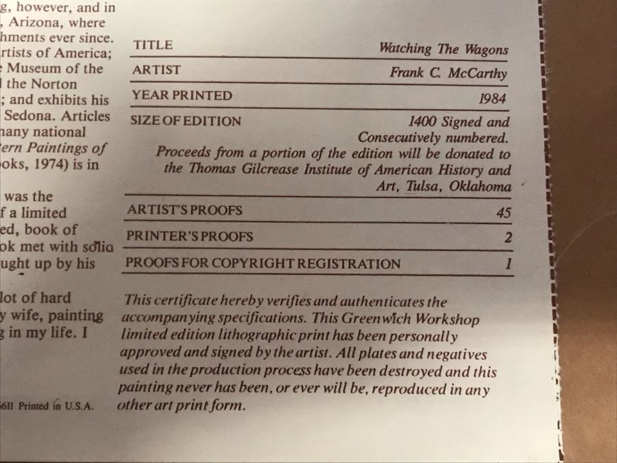 Frank McCarthy (1924-2002) Limited Edition Print Titled 'Watching The Wagons' Hand Signed 27.5 X 17 No. 242 Of 1400 [Photo 14]