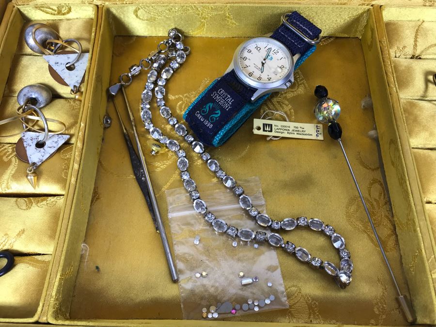 Vintage Chinese Wooden Silk Lined Jewelry Box With Some Jewelry 12W X 8D X 5H - See Photos [Photo 6]