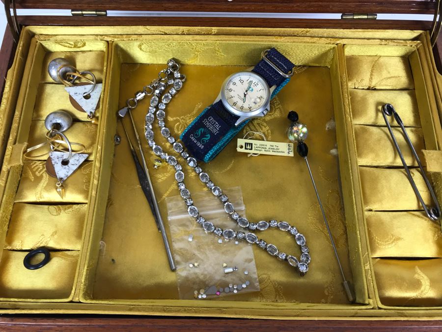 Vintage Chinese Wooden Silk Lined Jewelry Box With Some Jewelry 12W X 8D X 5H - See Photos [Photo 5]