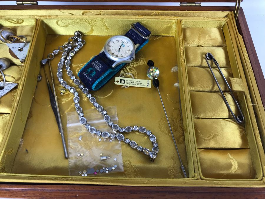 Vintage Chinese Wooden Silk Lined Jewelry Box With Some Jewelry 12W X 8D X 5H - See Photos [Photo 8]