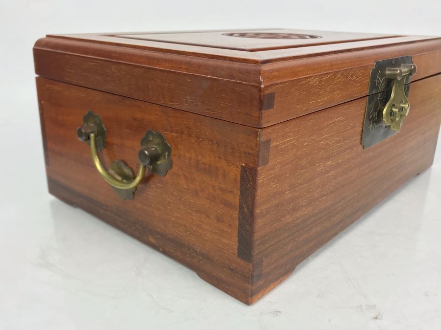 Vintage Chinese Wooden Silk Lined Jewelry Box With Some Jewelry 12W X 8D X 5H - See Photos [Photo 13]