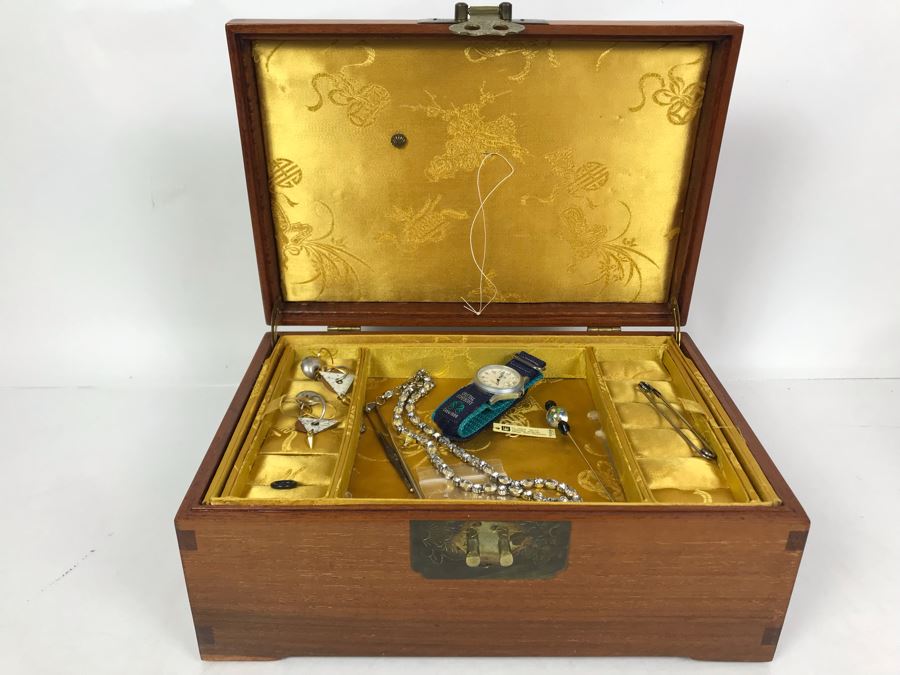 Vintage Chinese Wooden Silk Lined Jewelry Box With Some Jewelry 12W X 8D X 5H - See Photos [Photo 3]