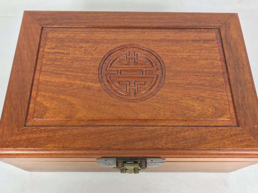 Vintage Chinese Wooden Silk Lined Jewelry Box With Some Jewelry 12W X 8D X 5H - See Photos [Photo 12]