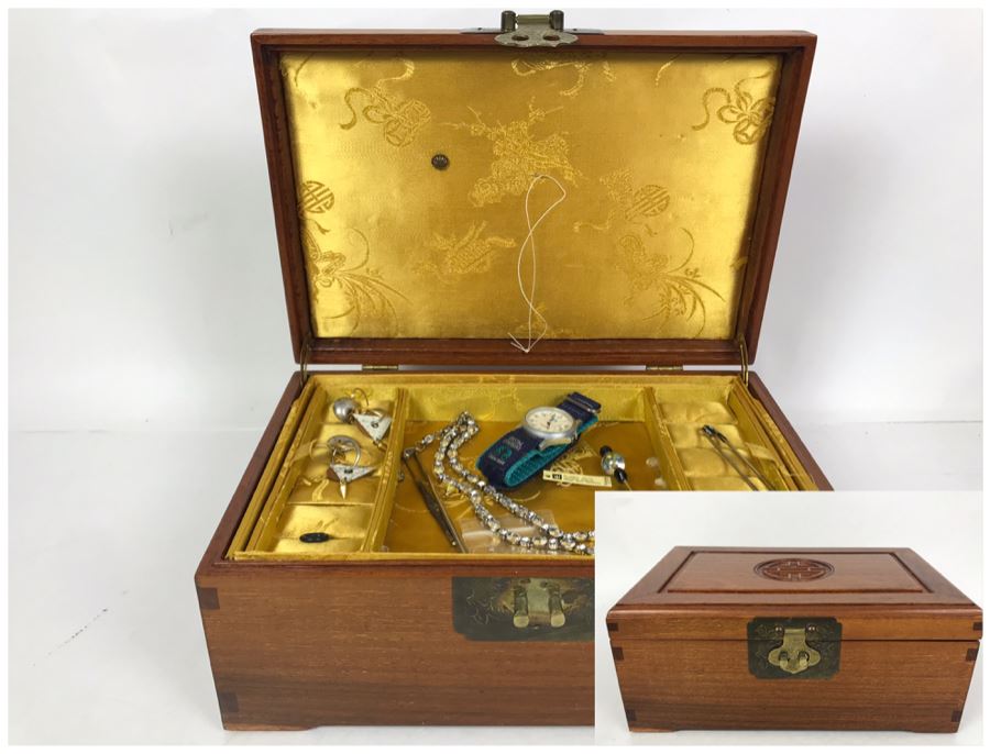 Vintage Chinese Wooden Silk Lined Jewelry Box With Some Jewelry 12W X 8D X 5H - See Photos [Photo 1]