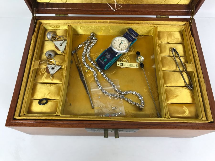 Vintage Chinese Wooden Silk Lined Jewelry Box With Some Jewelry 12W X 8D X 5H - See Photos [Photo 4]