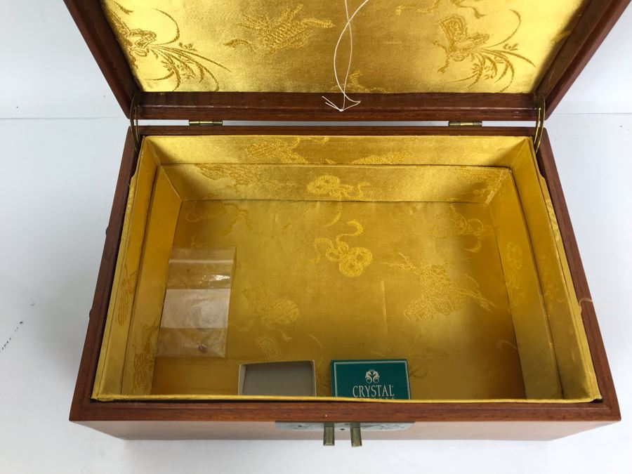 Vintage Chinese Wooden Silk Lined Jewelry Box With Some Jewelry 12W X 8D X 5H - See Photos [Photo 9]