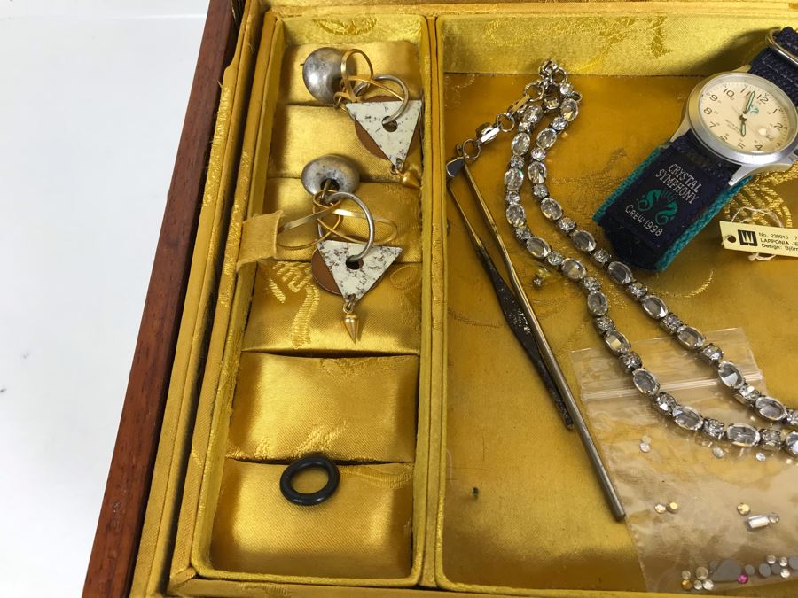 Vintage Chinese Wooden Silk Lined Jewelry Box With Some Jewelry 12W X 8D X 5H - See Photos [Photo 7]