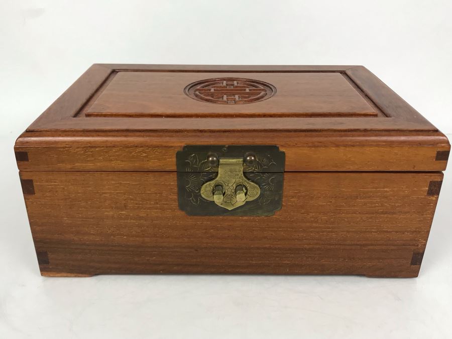 Vintage Chinese Wooden Silk Lined Jewelry Box With Some Jewelry 12W X 8D X 5H - See Photos [Photo 2]