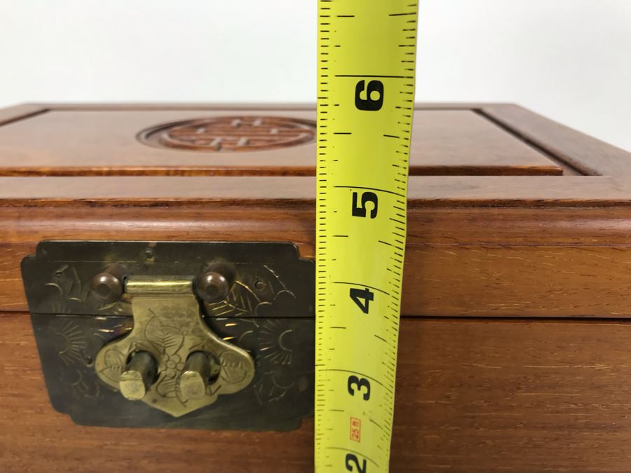 Vintage Chinese Wooden Silk Lined Jewelry Box With Some Jewelry 12W X 8D X 5H - See Photos [Photo 18]