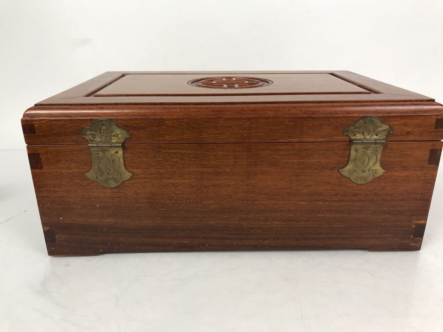 Vintage Chinese Wooden Silk Lined Jewelry Box With Some Jewelry 12W X 8D X 5H - See Photos [Photo 15]