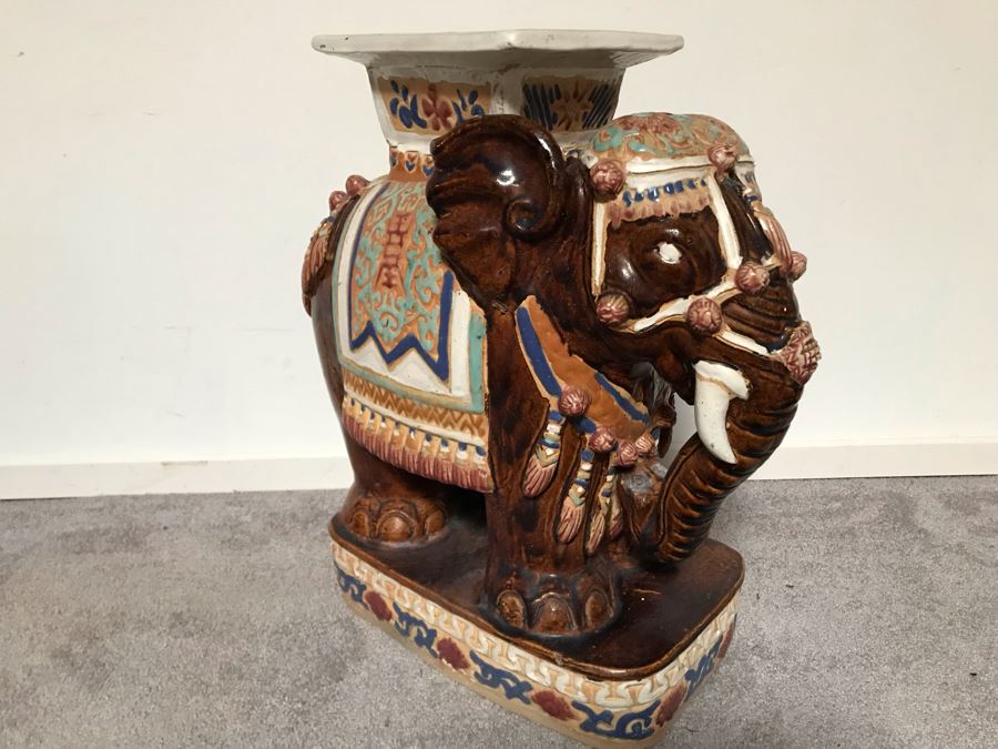 JUST ADDED - Vintage Outdoor Glazed Elephant Garden Stool 21W X 11D X 23H [Photo 6]