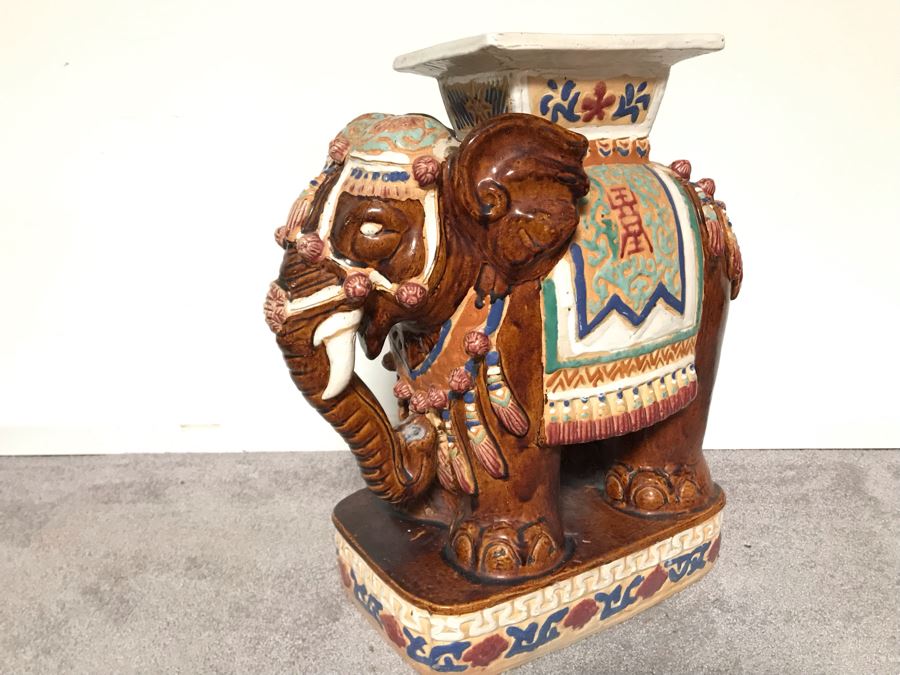 JUST ADDED - Vintage Outdoor Glazed Elephant Garden Stool 21W X 11D X 23H [Photo 9]