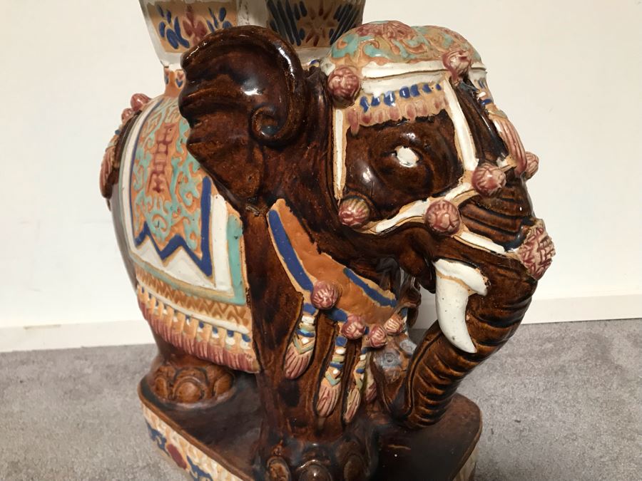 JUST ADDED - Vintage Outdoor Glazed Elephant Garden Stool 21W X 11D X 23H [Photo 7]