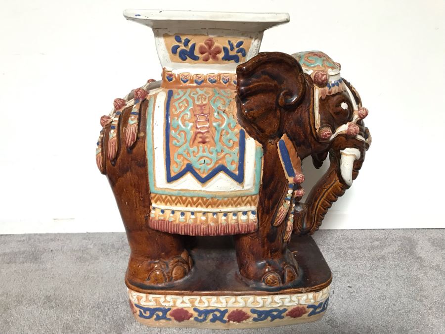 JUST ADDED - Vintage Outdoor Glazed Elephant Garden Stool 21W X 11D X 23H [Photo 2]